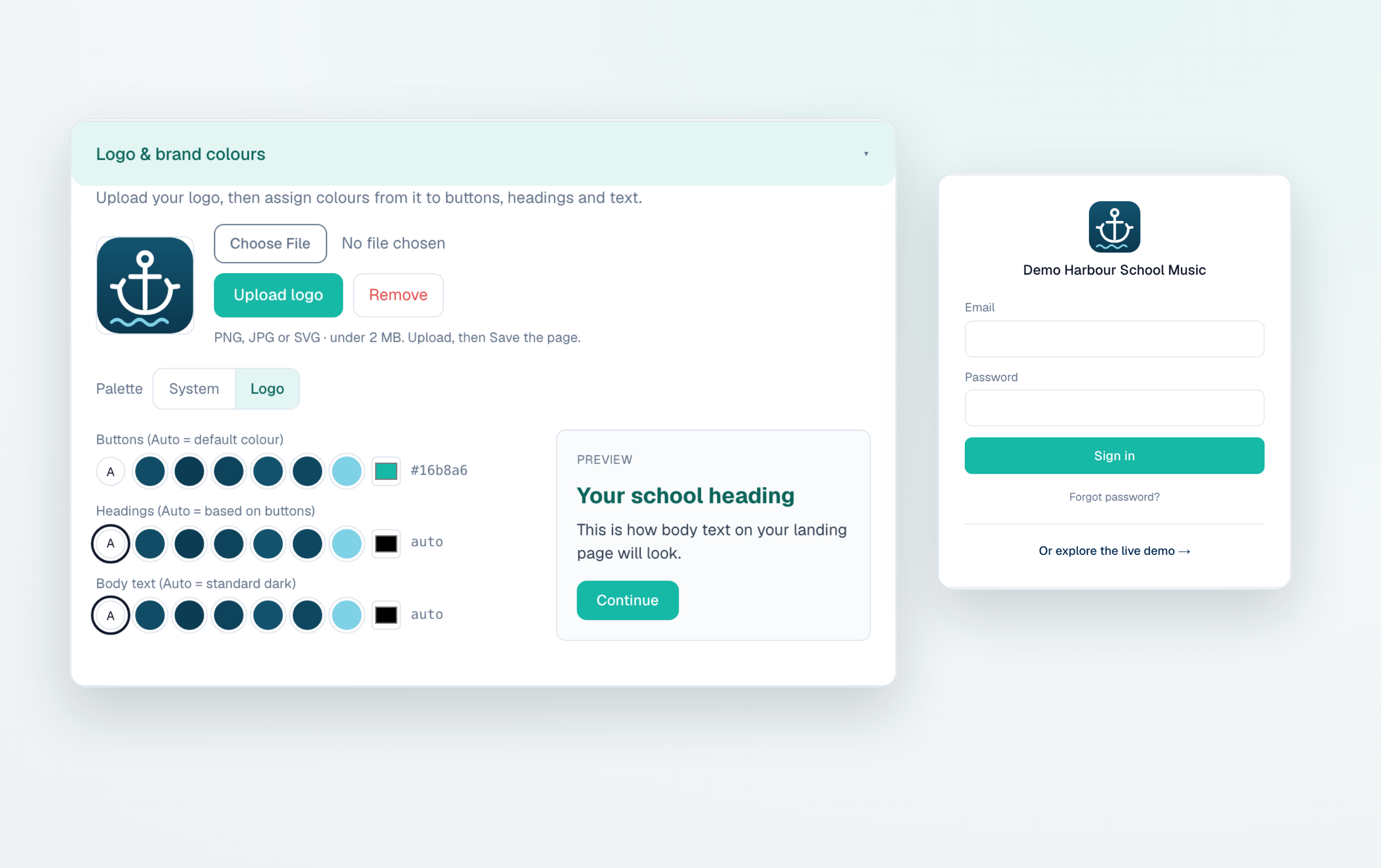 Brand colour and logo settings beside a school-branded login page
