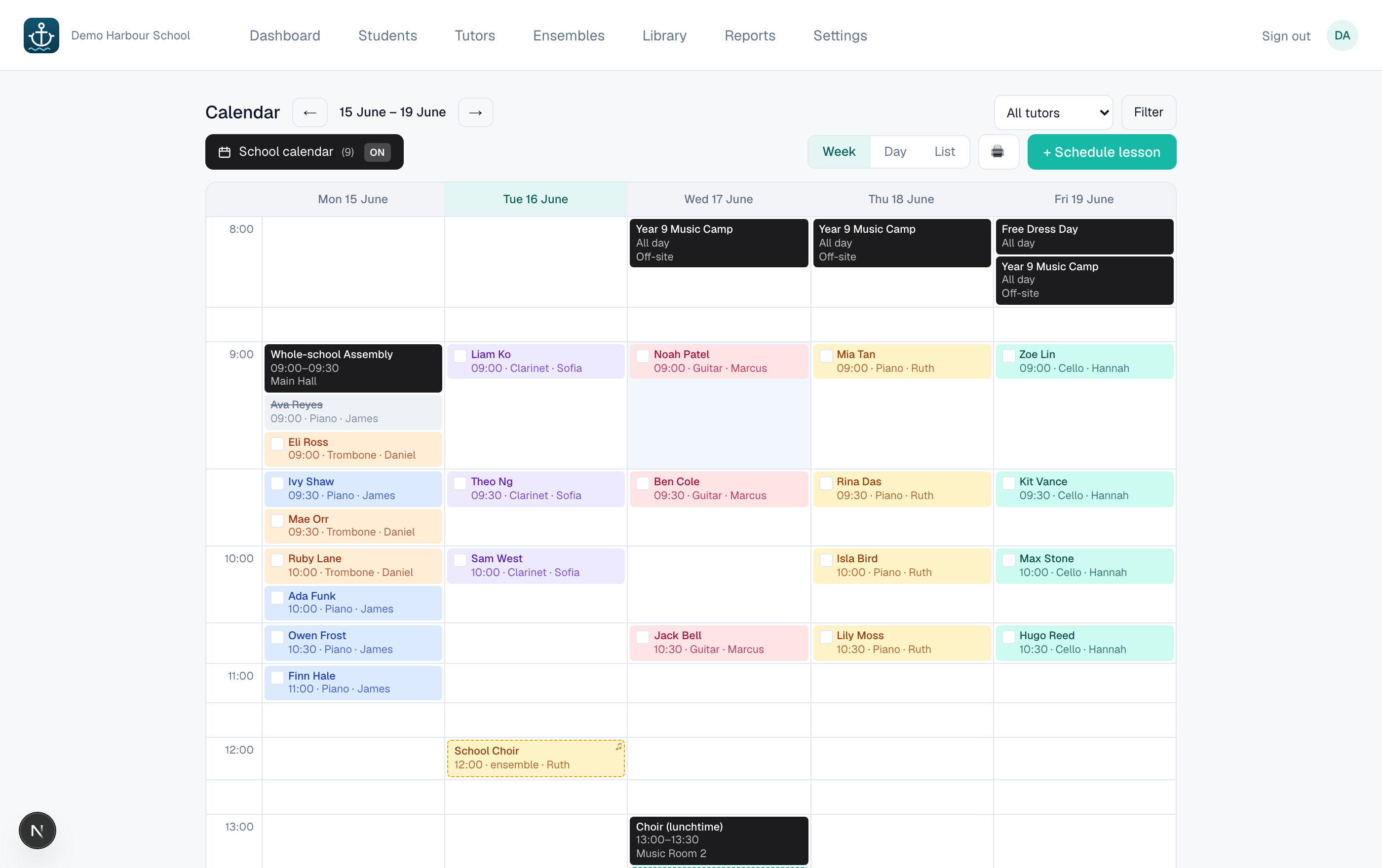 MusiCal school calendar with lessons, ensembles and whole-school events