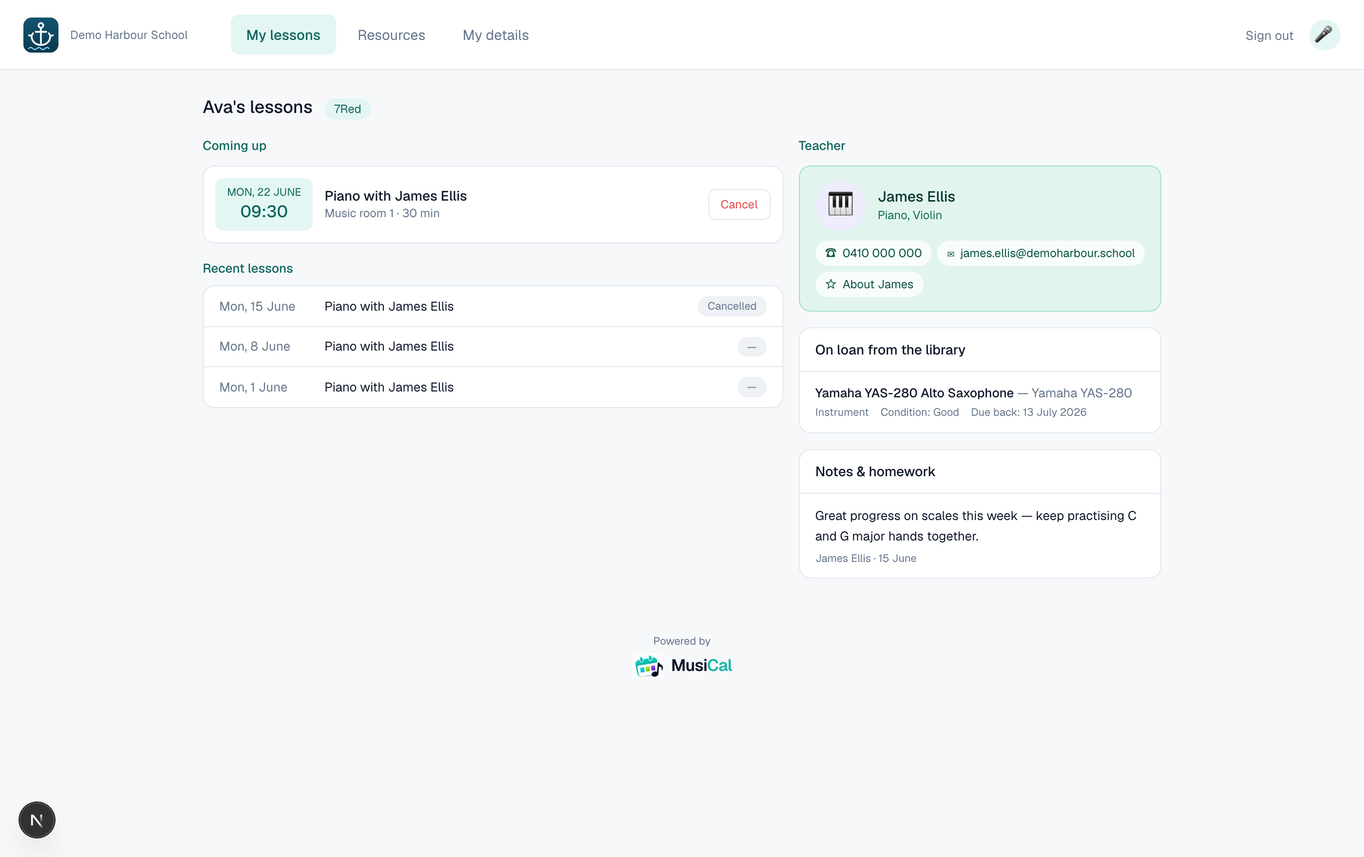 Student portal showing lessons, teacher contact and notes