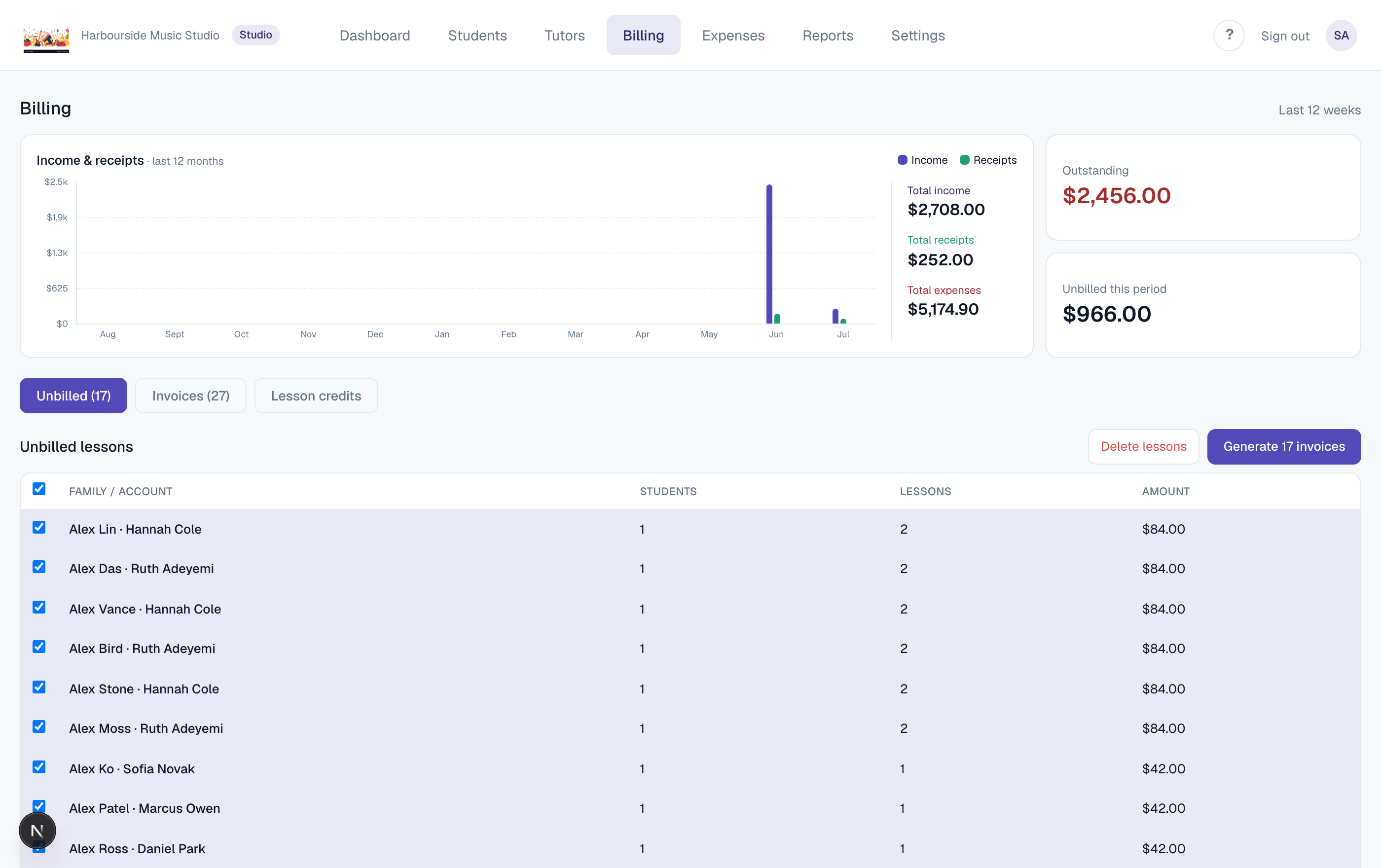 MusiCal Studio billing dashboard