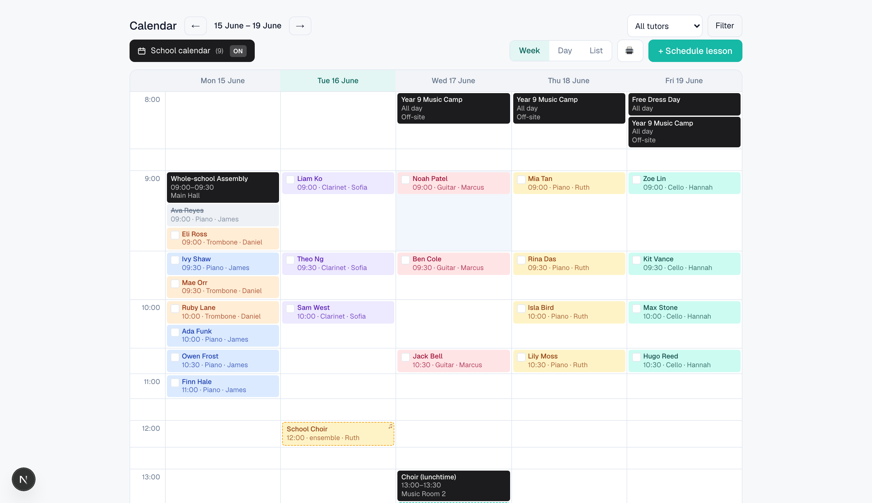 Weekly lesson calendar full of scheduled lessons