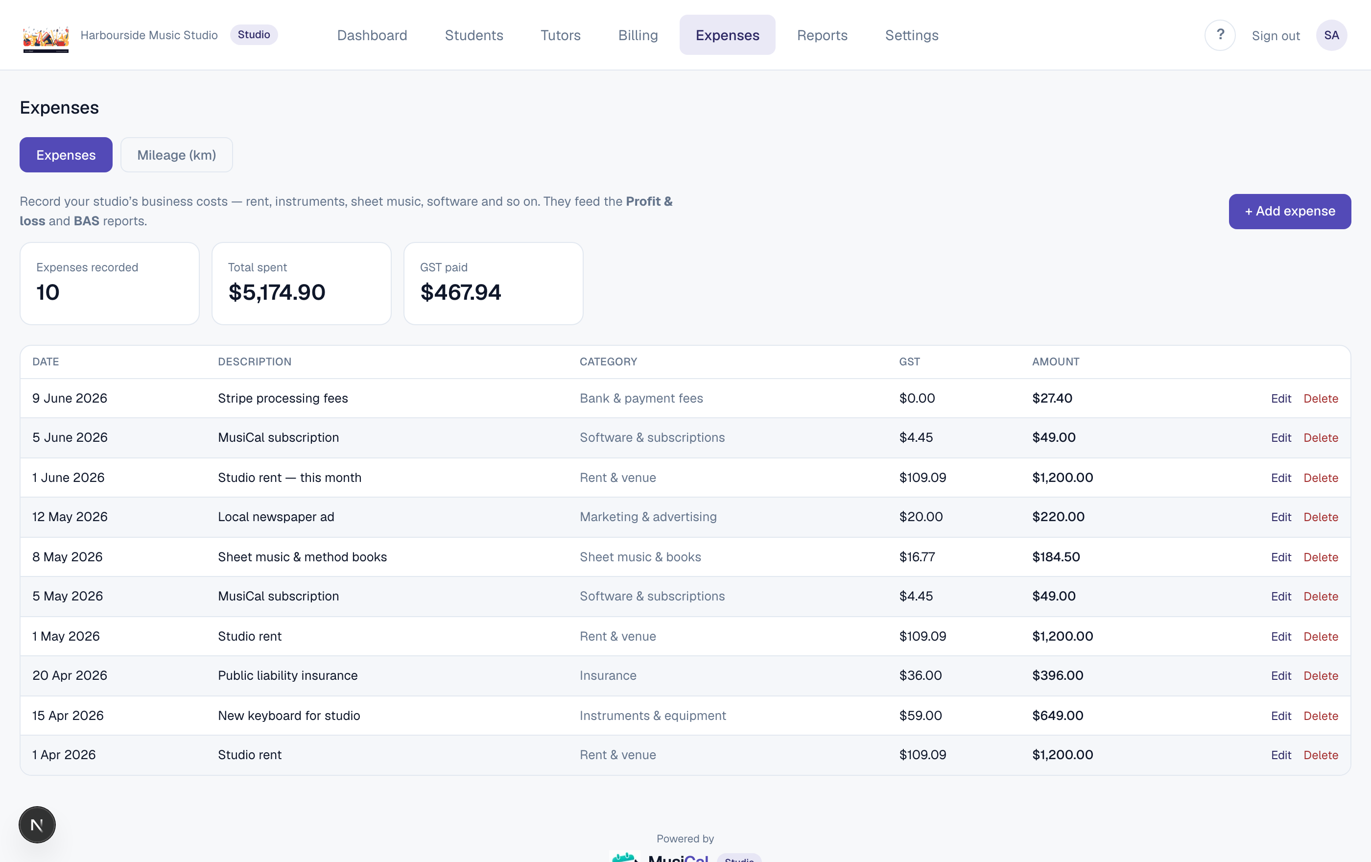 Expenses tracker with business costs and mileage