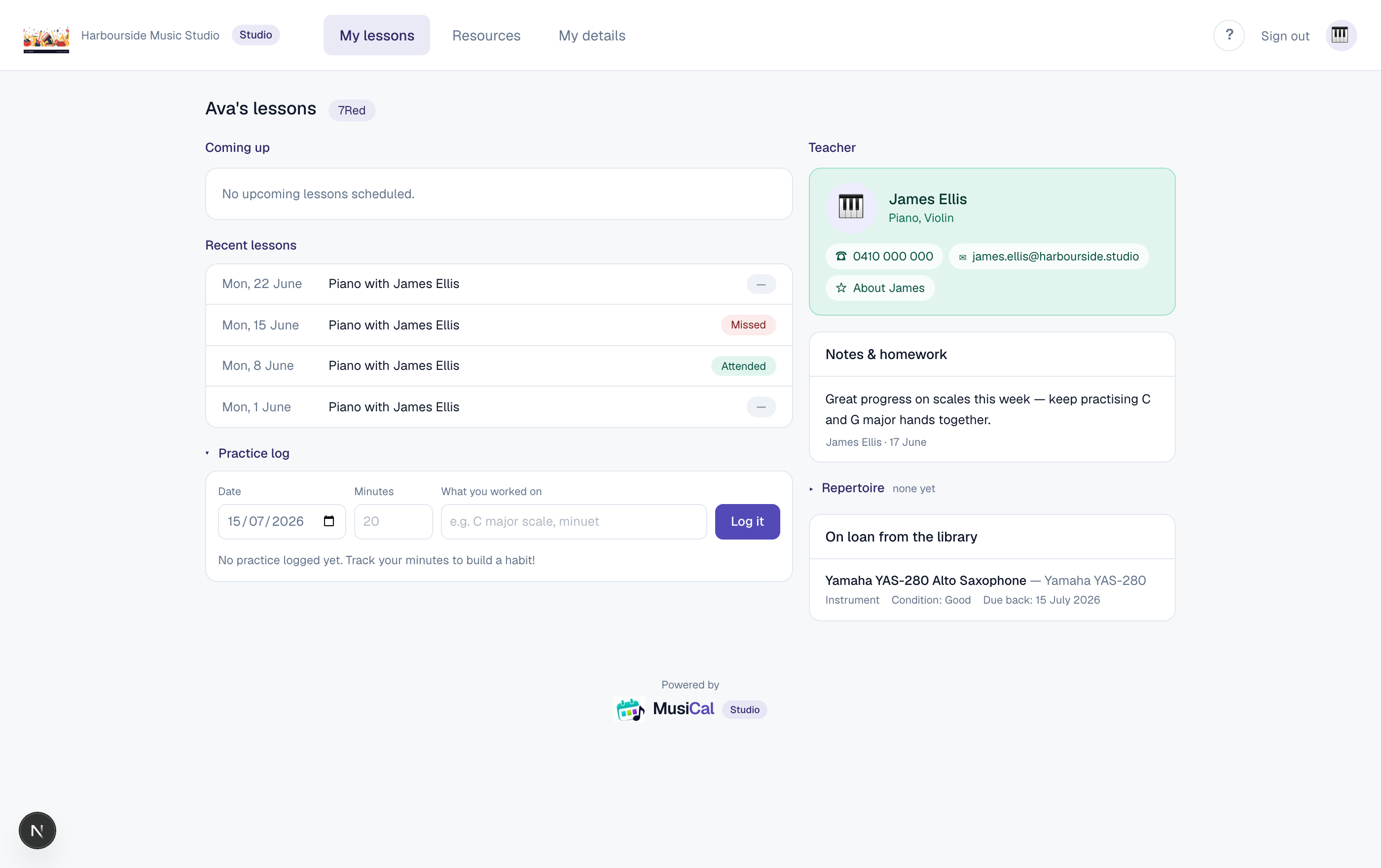 Student portal showing upcoming lessons, teacher contact and notes
